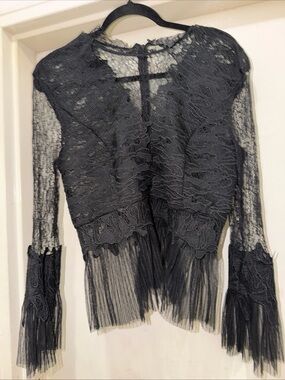 Bardot Black Lace Fringe Long-Sleeve Blouse